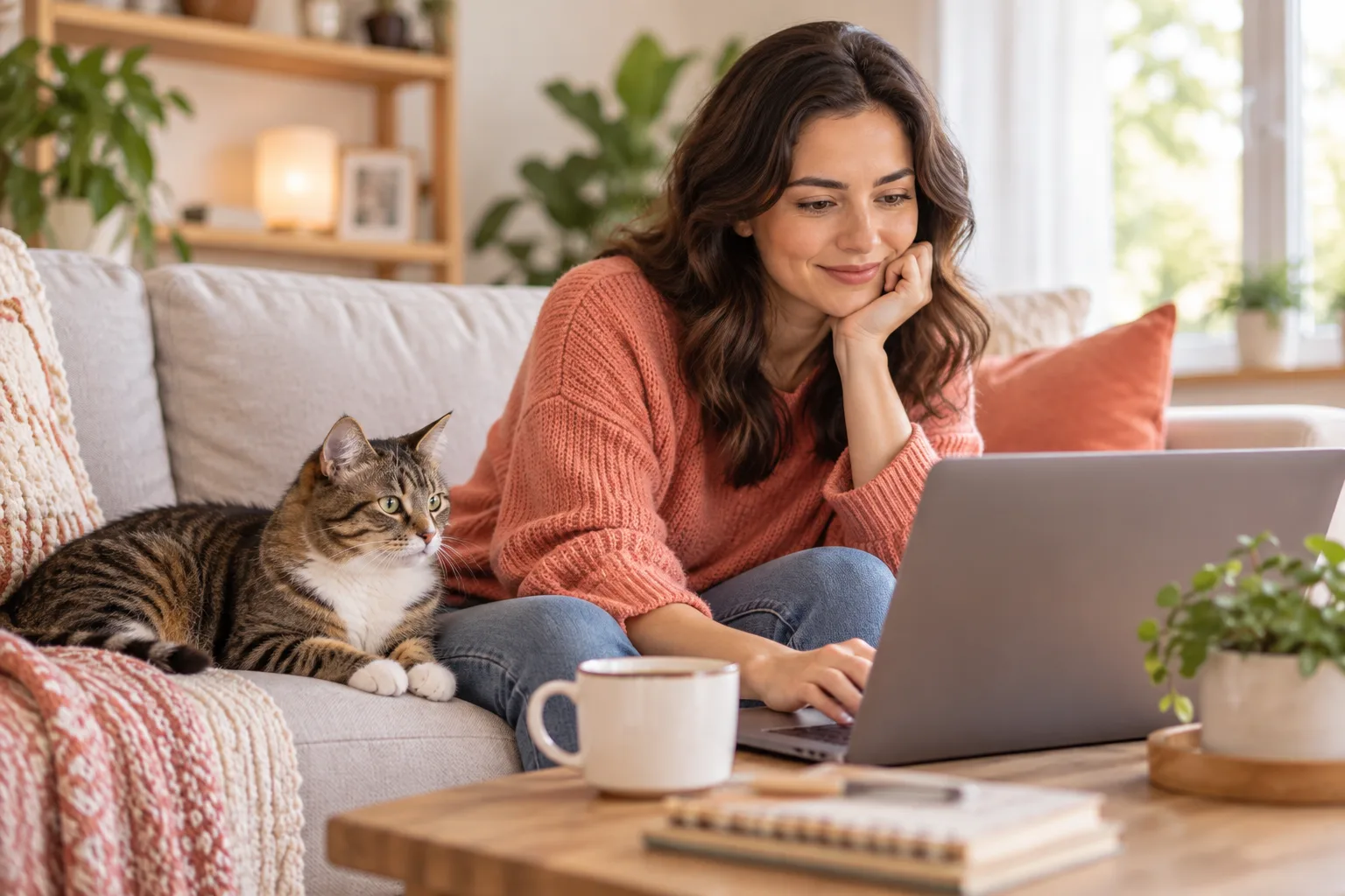 Owner at a laptop on a sofa with a tabby cat beside her
